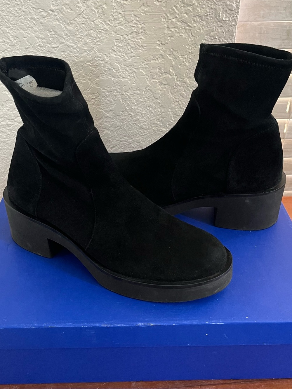 Stuart Weitzman Black Suede Ankle Booties with Block Heel